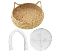 SMELEYOU Cama de dona para gatos de interior 2 en 1, cama tejida para gatos con cojín suave, cama para gatitos a prueba de arañazos, acogedora cesta redonda de mimbre para gatos, L