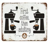 SMGLRUEAT First Coffee Then Adulting Metal Tin Sign Funny Espresso Machine Silhouette Wall Decor Vintage Distressed Cafe Station Accessories Art Plaque 8 X 12 in
