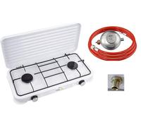 SMH LINE® Cocina Hornillo de gas para camping, 2 fuegos, incluye manguera y regulador de gas propano de 4,4 kW, hornillo de camping para exterior, cocina XL