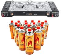 SMH LINE® Hornillo de gas doble para camping, incluye 4 cartuchos de gas de 227 g, para camping y exteriores, 2 fuegos LPG