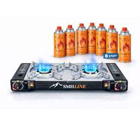 SMH LINE® Hornillo de gas doble para camping, incluye 8 cartuchos de gas de 227 g, maletín de gas, barbacoa de mesa para exteriores, 2 fuegos LPG