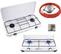 SMH LINE Hornillo de gas para camping, 2 fuegos, incluye manguera y regulador, 50 mbar, gas propano de 4,4 kW, placa de cocina, camping o exterior, cocina XL