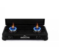 SMH LINE® Hornillo de gas para camping, 2 fuegos, sin manguera ni regulador, 50 mbar, gas propano de 4,4 kW, placa de cocina, camping, botella de gas, estufa, exterior, cocina de mesa, XL, negro