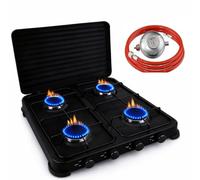 SMH LINE® Hornillo de gas para camping, 4 fuegos, incluye manguera y regulador, 50 mbar, gas propano de 10 kW, hornillo de camping, botella de gas, estufa de exterior, cocina XL (incluye manguera y