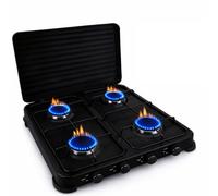 SMH LINE® Hornillo de gas para camping, 4 fuegos, sin manguera ni regulador, 50 mbar, gas propano de 10 kW, placa de cocina, camping, botella de gas, estufa, exterior, cocina de mesa, tamaño XL, negro