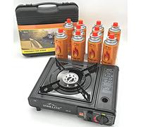 SMH LINE® Hornillo de gas para camping, incluye 12 cartuchos de gas de 227 g, maletín de gas, barbacoa de mesa para exteriores, 1 llama