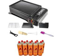 SMH LINE Juego de barbacoa de gas 2 en 1 para camping, incluye 16 cartuchos de gas de 227 g, barbacoa para balcón, barbacoa de mesa, hornillo de camping, maletín portátil, incluye accesorios, parrilla