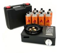 SMH LINE® Juego de hornillos de gas de lujo para camping, 3,5 kW, incluye 4 cartuchos de gas de 227 g, de gas butano, robusto, maletín, estufa, barbacoa al aire libre, 3 fuegos