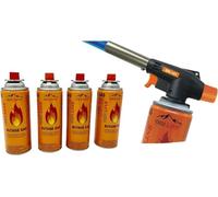 SMH LINE® Quemador con 4 cartuchos de gas - antorcha de gas - quemador Bunsen - Quemador de soldadura cartuchos soplete de cocina de Butano recargable - Soldadura con encendido piezoeléctrico
