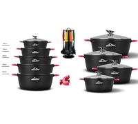 SMHLINE - Cacerola de aluminio fundido para inducción, diámetro de 24, 26, 28, 30, 32 cm, incluye utensilio de cocina, olla de cristal con tapa de cristal, antiadherente, apta para todo tipo de fuegos