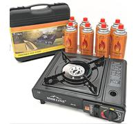 SMHLINE - Hornillo de gas para camping (incluye 8 cartuchos de gas butano, 227 g, barbacoa de mesa, 1 foco, encendido piezoeléctrico, maletín de transporte)