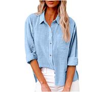 SMIDOW Blusa de algodón y lino con botones para mujer, Azul claro, Large