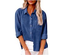 SMIDOW Blusa de algodón y lino con botones para mujer, Azul oscuro, M