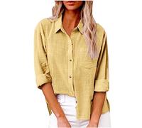 SMIDOW Blusa de algodón y lino con botones para mujer, #B-Amarillo, M