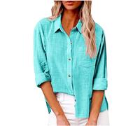 SMIDOW Blusa de algodón y lino con botones para mujer, #B-azul, M