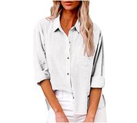 SMIDOW Blusa de algodón y lino con botones para mujer, Blanco, Large