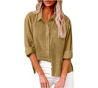 SMIDOW Blusa de algodón y lino con botones para mujer, #C-caqui, Large