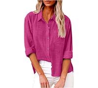 SMIDOW Blusa de algodón y lino con botones para mujer, #C-Rosa Hot, M