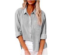 SMIDOW Blusa de algodón y lino con botones para mujer, Gris, M