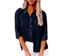 SMIDOW Blusa de algodón y lino con botones para mujer, S
