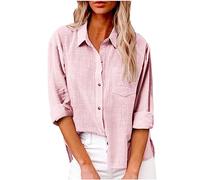 SMIDOW Camisa de algodón y Lino con Botones para Mujer, #B-Rosado, Large