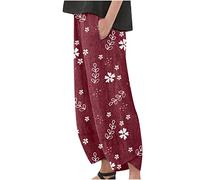 SMIDOW Pantalones capri para mujer, algodón y lino, pierna ancha, pantalones capri casuales de verano, pantalones cortos de playa, cintura elástica, pantalones cortos holgados, #014 Wine, XXL