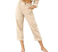 SMIDOW Pantalones capri para mujer, estilo casual, de verano, con cordón elástico, cintura alta, pantalones de lino, rectos, pierna ancha, recortados, #H01-beige (poliéster), Small