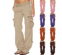 SMIDOW Pantalones cargo de talle bajo para mujer, talla grande, elásticos, holgados, de pierna ancha, con bolsillos, ropa de calle Y2K, pantalones militares de combate, #G02-caqui, XXL