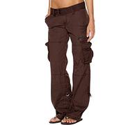 SMIDOW Pantalones cargo de talle bajo para mujer, talla grande, elásticos, holgados, de pierna ancha, con bolsillos, ropa de calle Y2K, pantalones militares de combate, #G01-café, Small