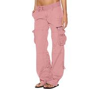 SMIDOW Pantalones cargo de talle bajo para mujer, talla grande, elásticos, holgados, de pierna ancha, con bolsillos, ropa de calle Y2K, pantalones militares de combate, #G04-rosa, Large