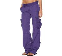 SMIDOW Pantalones cargo de talle bajo para mujer, talla grande, elásticos, holgados, de pierna ancha, con bolsillos, ropa de calle Y2K, pantalones militares de combate, #G05-morado, 3X-Large