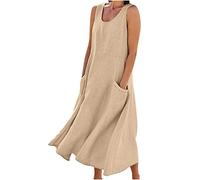 SMIDOW - Vestido largo de verano de lino y algodón para mujer, sin mangas, elegante, fluido, de talla grande, suelto, cómodo, con bolsillos, #010 Caqui, M