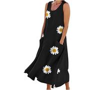 SMIDOW - Vestido largo de verano de lino y algodón para mujer, sin mangas, elegante, fluido, de talla grande, suelto, cómodo, con bolsillos, #016 Negro, XXL