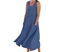 SMIDOW - Vestido largo de verano de lino y algodón para mujer, sin mangas, elegante, fluido, de talla grande, suelto, cómodo, con bolsillos, #08 Azul marino, XXXXL