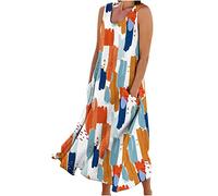 SMIDOW - Vestido largo de verano de lino y algodón para mujer, sin mangas, elegante, fluido, de talla grande, suelto, cómodo, con bolsillos, XL