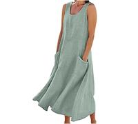 SMIDOW - Vestido largo de verano de lino y algodón para mujer, sin mangas, elegante, fluido, de talla grande, suelto, cómodo, con bolsillos, #06 Verde, S