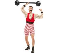 Smiffys Disfraz de forzudo, Rojo y blanco, con mono corto y bigote Halloween, Carnaval