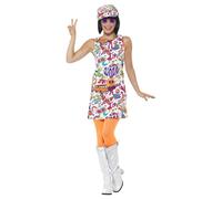 Smiffys Disfraz buena onda años 60 para chica, multicolor, con vestido y sombrero Halloween, Carnaval