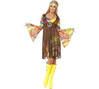 Smiffys 60s Groovy Lady, Brown with Dress, Printed Waistcoat and Headband, 1960's Groovy Fancy Dress, Adult Dress Up Costumes