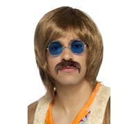 Smiffys Kit de complementos hippie años 60, castaño, con peluca, bigote y gafas hippies Halloween, Carnaval