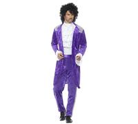 Smiffys Disfraz de Músico Púrpura años 80, morado, con chaqueta, camisa figurada y pantalones