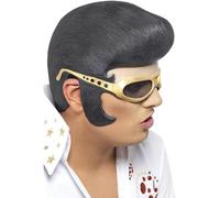 Smiffys Adorno para la cabeza de Elvis, Negro, con pelo y gafas de sol doradas Halloween, Carnaval