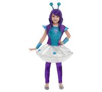 Smiffys Disfraz de alien para niña, Azul, con vestido, leggings, muñequeras y diadema Halloween, Carnaval