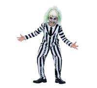 Smiffys Beetlejuice Adult Costume with Shirt Dress Collar Mock Tie and Cuffs Black and White Stripes Purple Zip Up Front Official Warner Brothers Licensed Halloween Costume with Matching Family