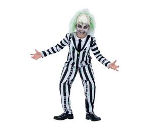 Smiffys Beetlejuice Adult Costume with Shirt Dress Collar Mock Tie and Cuffs Black and White Stripes Purple Zip Up Front Official Warner Brothers Licensed Halloween Costume with Matching Family