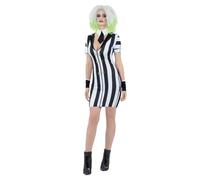 Smiffys Beetlejuice Disfraz para adulto con chaqueta, pantalones y corbata, rayas blancas y negras con manga para escribir, disfraz oficial de Warner Brothers, ideal para cosplay familiar