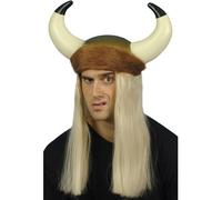 Smiffys Casco de vikingo, con cuernos, pelo rubio largo y reborde de piel Halloween