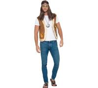 Smiffys Chaleco Hippie, Unisex, Marrón, con Estampado de Símbolo de la Paz y Borde de Piel Halloween