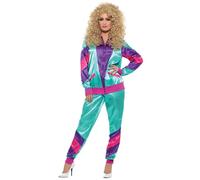 Smiffys Chándal de tactel superactual años 80, para mujer, azul cerceta y morado, con chaqueta y pantalón Halloween, Carnaval