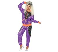 Smiffys Chándal retro de tactel, para mujer, morado, con chaqueta y pantalón Halloween, Carnaval